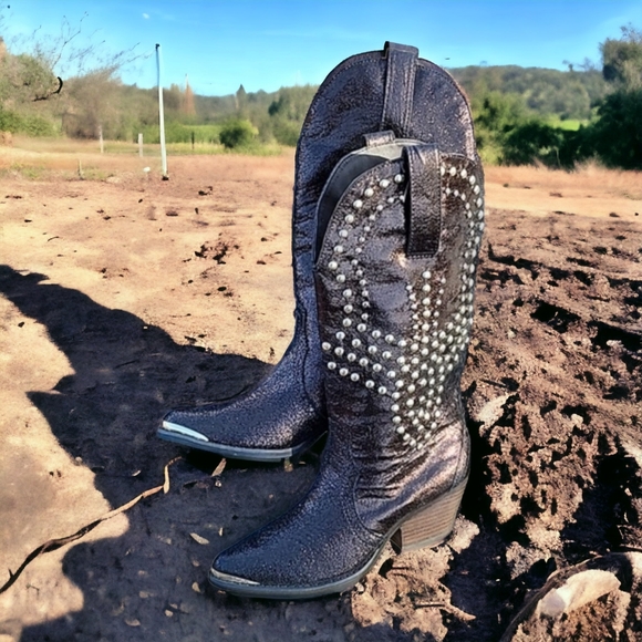 REBA Studded Metallic Bronze Leather Cowboy Boots 5.5 Biker Western Cowgirl - Picture 15 of 15